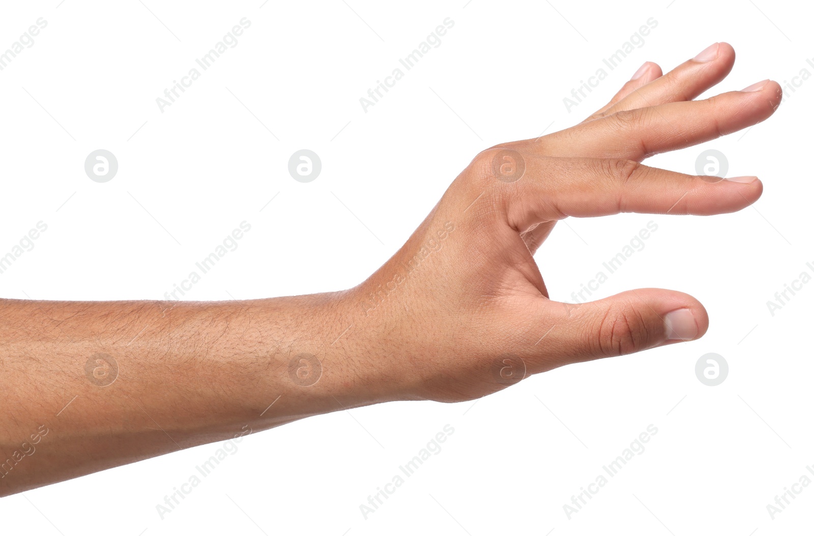 Photo of Man holding something in hand on white background, closeup