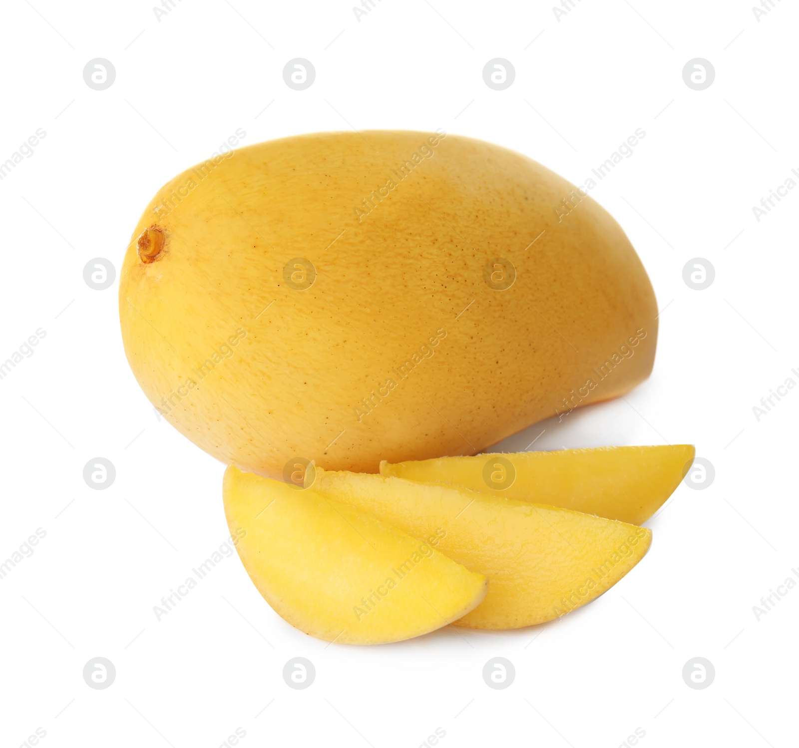 Photo of Fresh juicy mango isolated on white. Tropical fruit