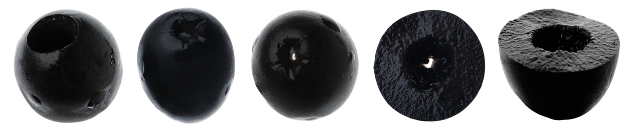 Image of Delicious black olives on white background, banner design