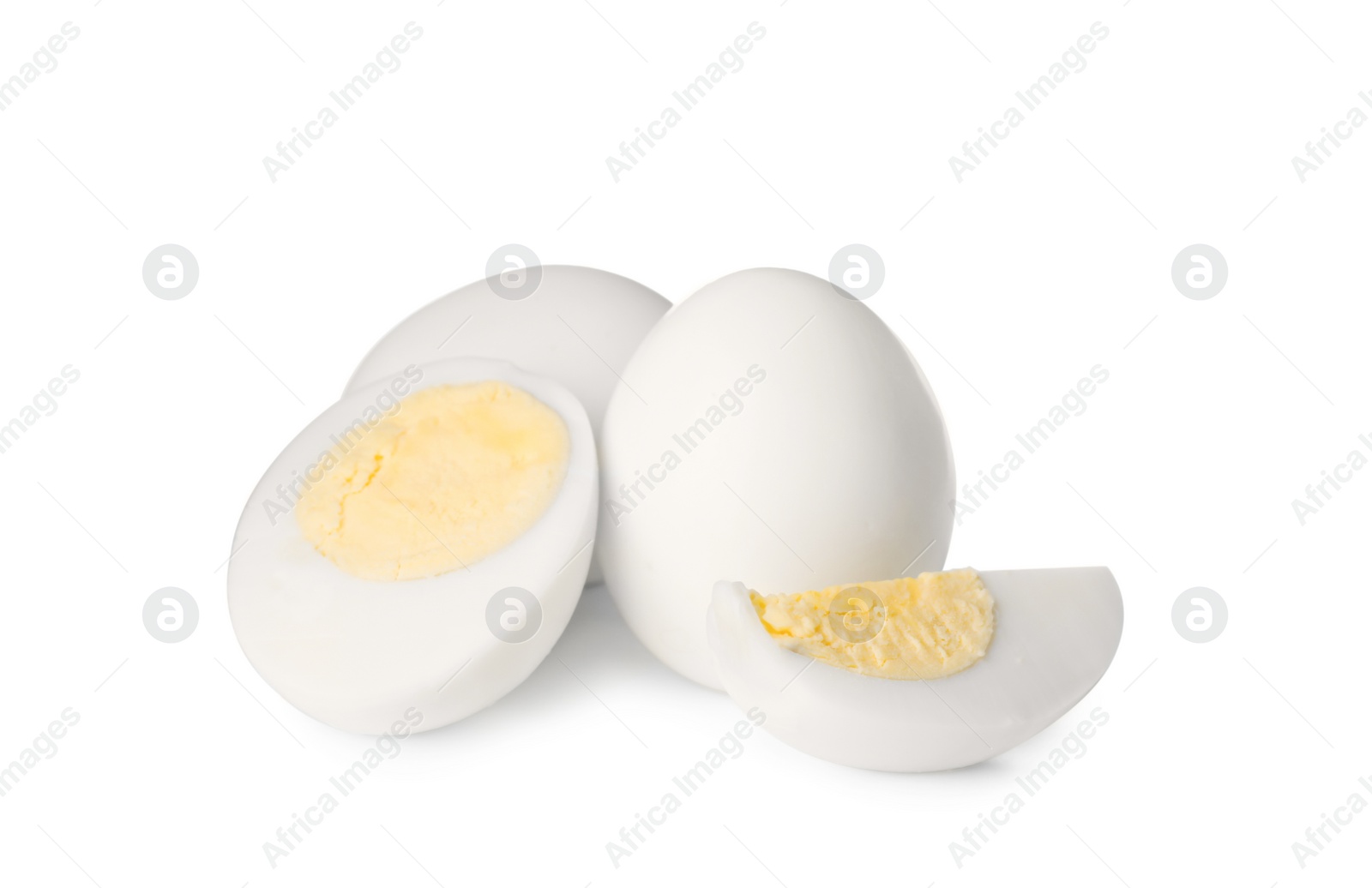 Photo of Fresh peeled hard boiled eggs on white background