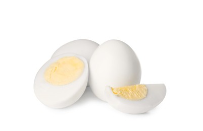 Fresh peeled hard boiled eggs on white background