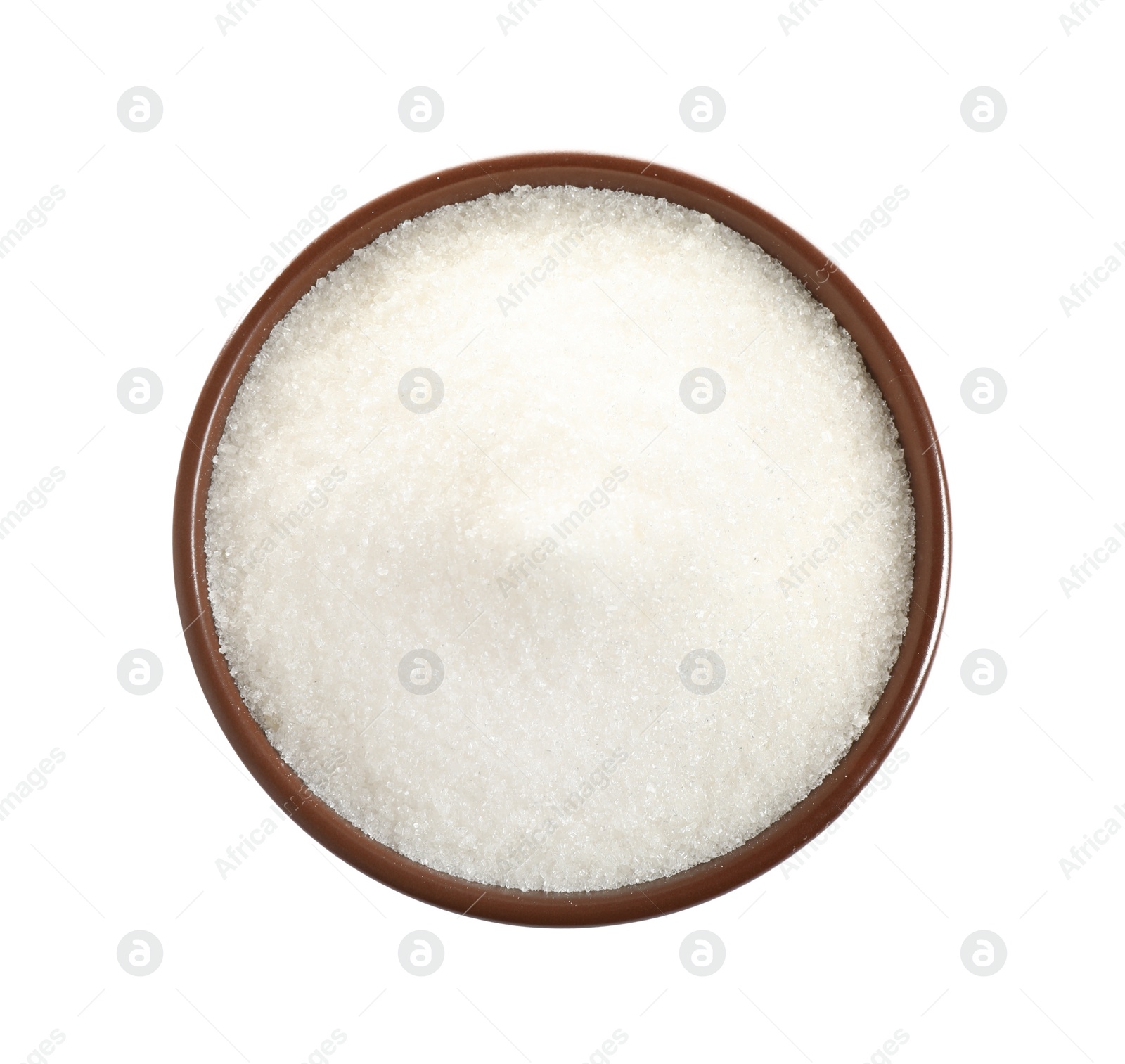 Photo of Granulated sugar in bowl isolated on white, top view