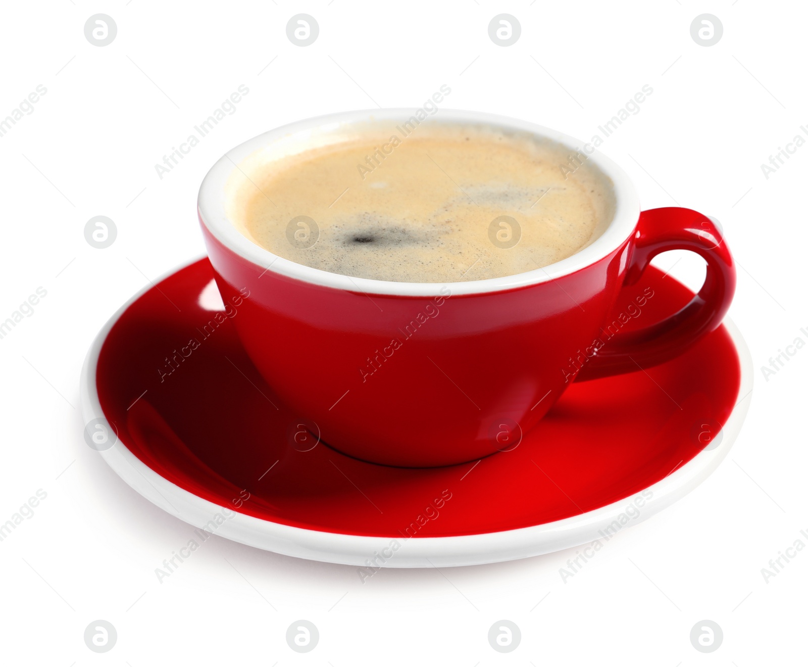 Photo of Red ceramic cup with hot aromatic coffee isolated on white