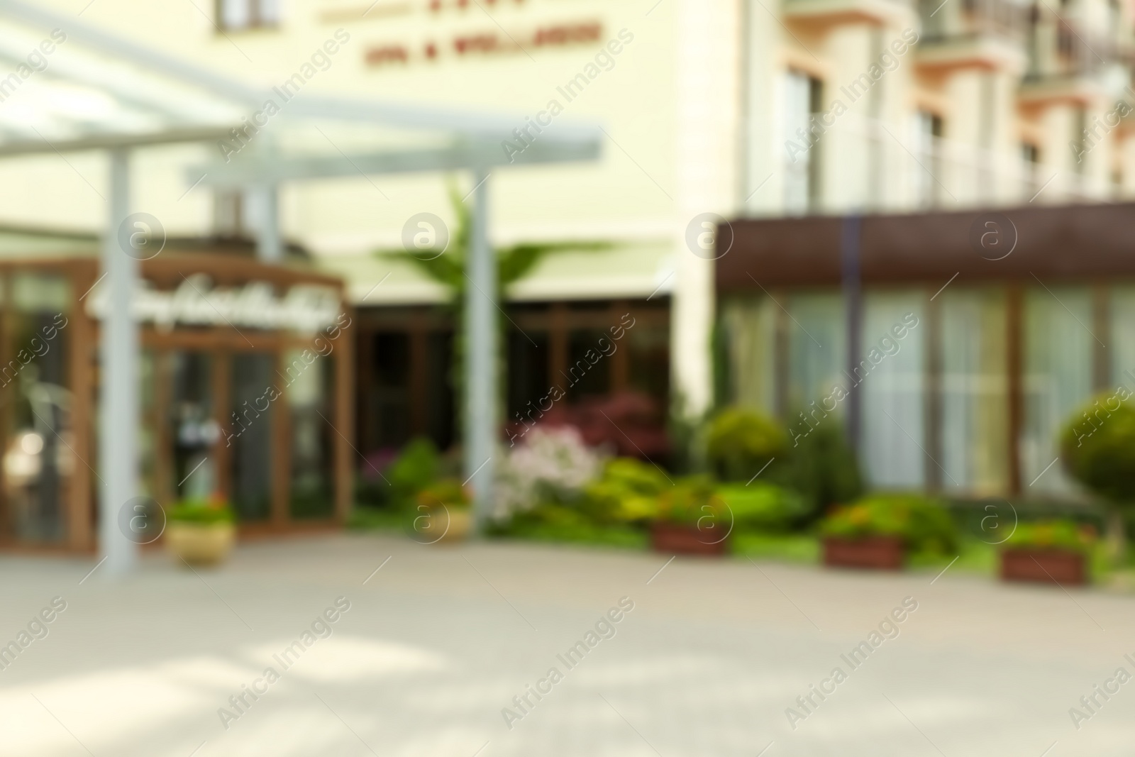 Photo of Blurred view of modern buildings and beautiful green plants outdoors