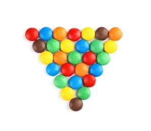 Photo of Triangle made of colorful candies on white background, top view