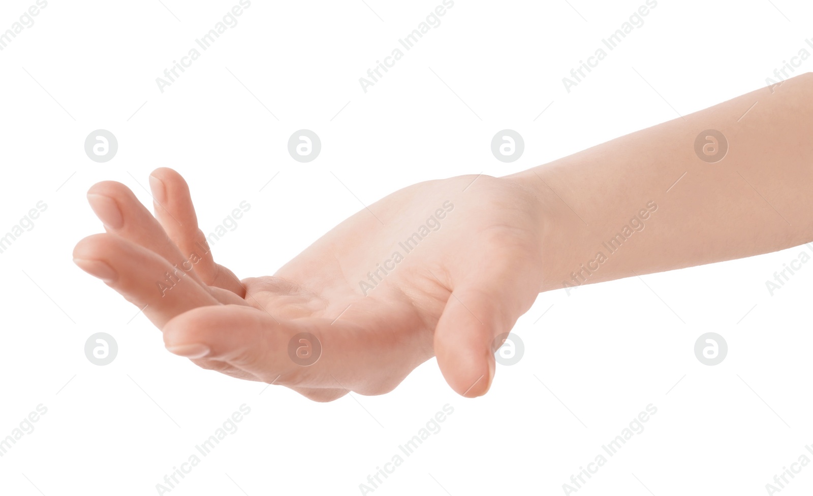 Photo of Woman holding hand on white background, closeup