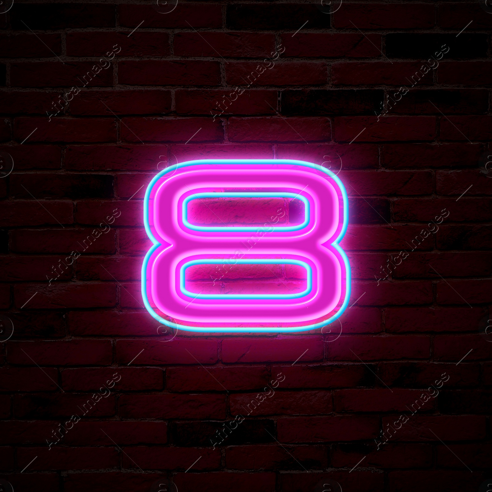 Image of Glowing neon number 8 sign on brick wall