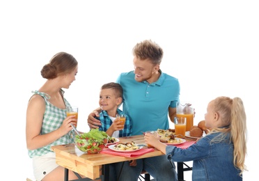 Photo of Happy family having picnic at table on white background