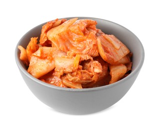 Bowl of spicy cabbage kimchi isolated on white