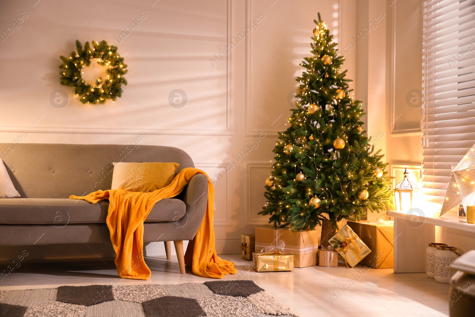 Photo of Stylish room with Christmas decorations. Festive interior design