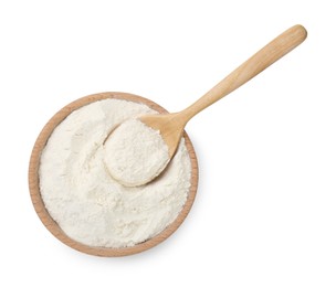 Photo of Baking powder in bowl and spoon isolated on white, top view