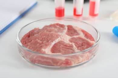 Photo of Petri dish with piece of raw cultured meat on white table in laboratory, closeup