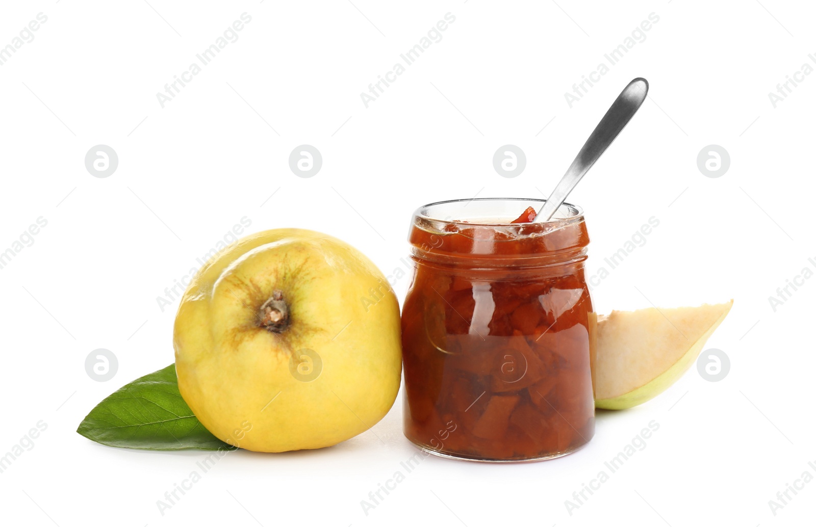 Photo of Delicious quince jam and fruits isolated on white