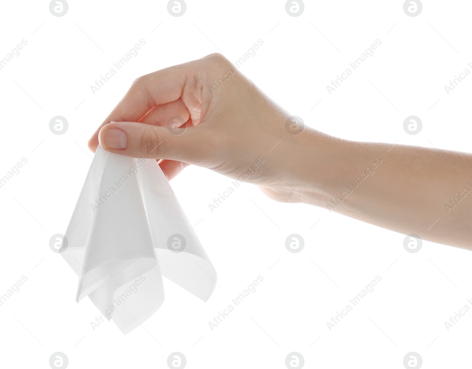 Photo of Woman holding paper tissue on white background, closeup