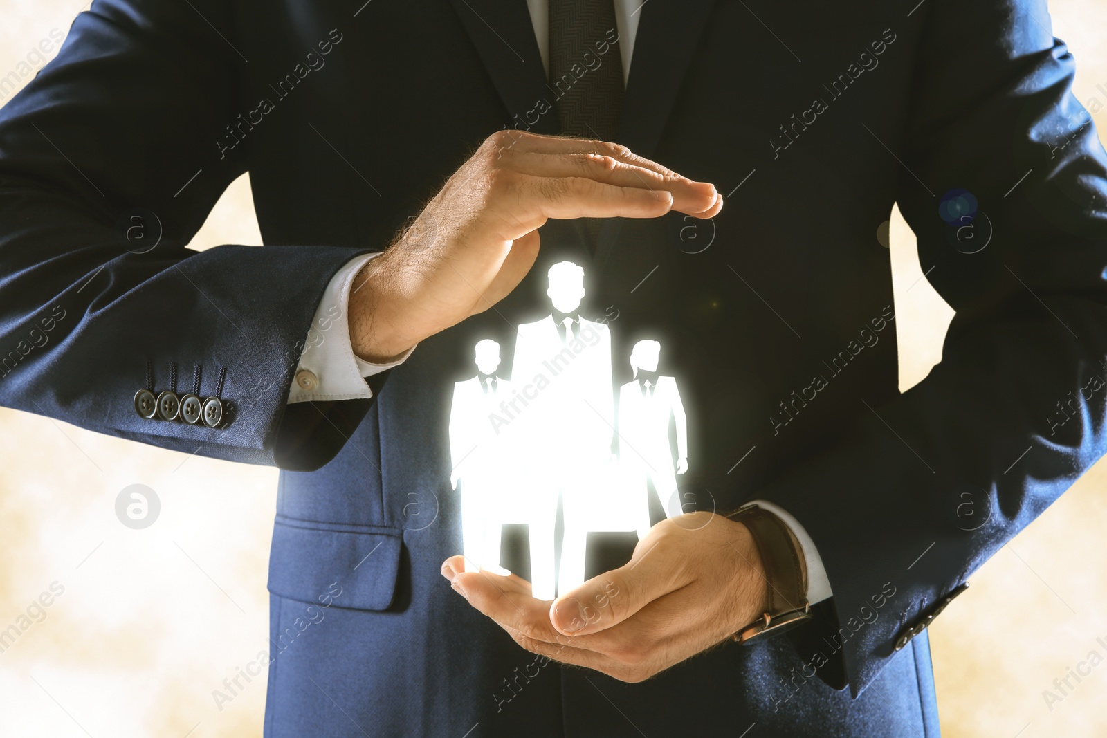 Image of Man presenting virtual icons of businesspeople on white background, closeup. Leadership concept