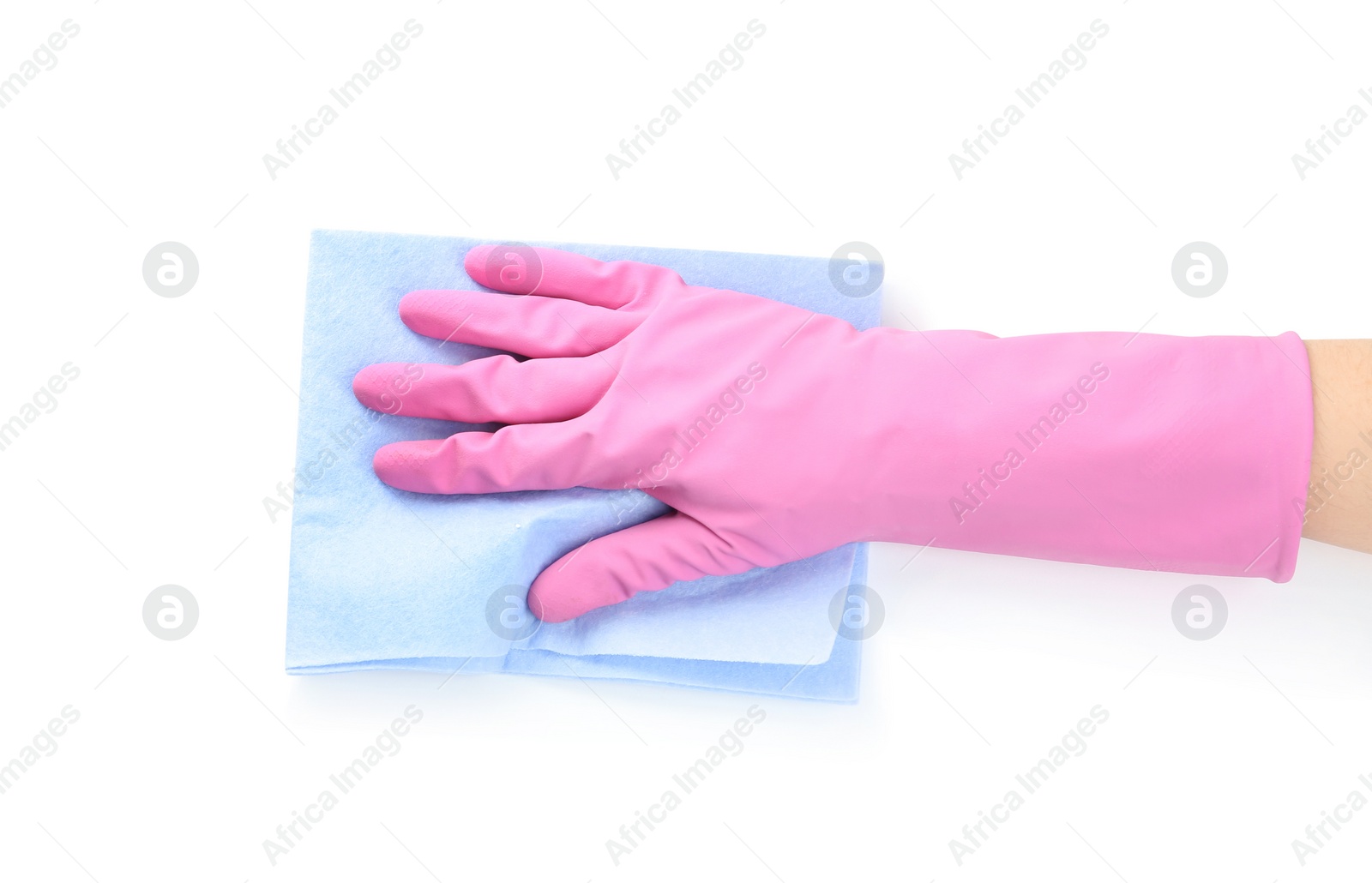 Photo of Person in rubber glove with rag on white background, closeup of hand