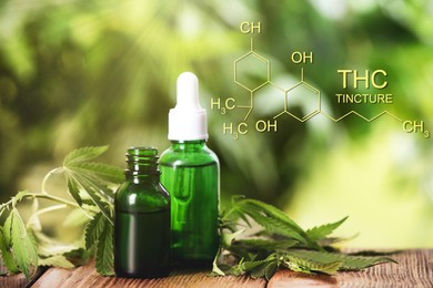 Image of Hemp leaves, bottles of CBD oil and THC tincture on wooden table 