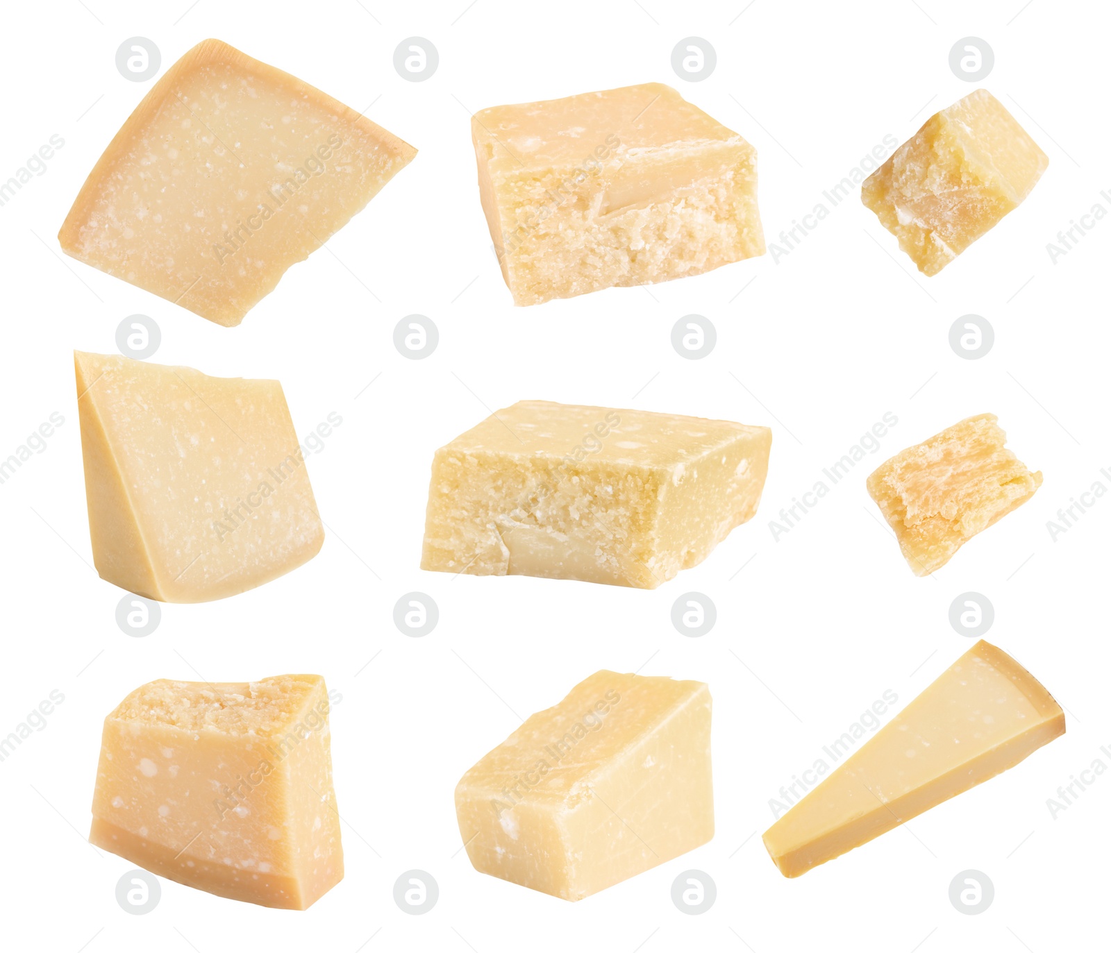 Image of Set with pieces of delicious parmesan cheese on white background