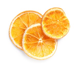 Photo of Delicious dry orange slices on white background, top view