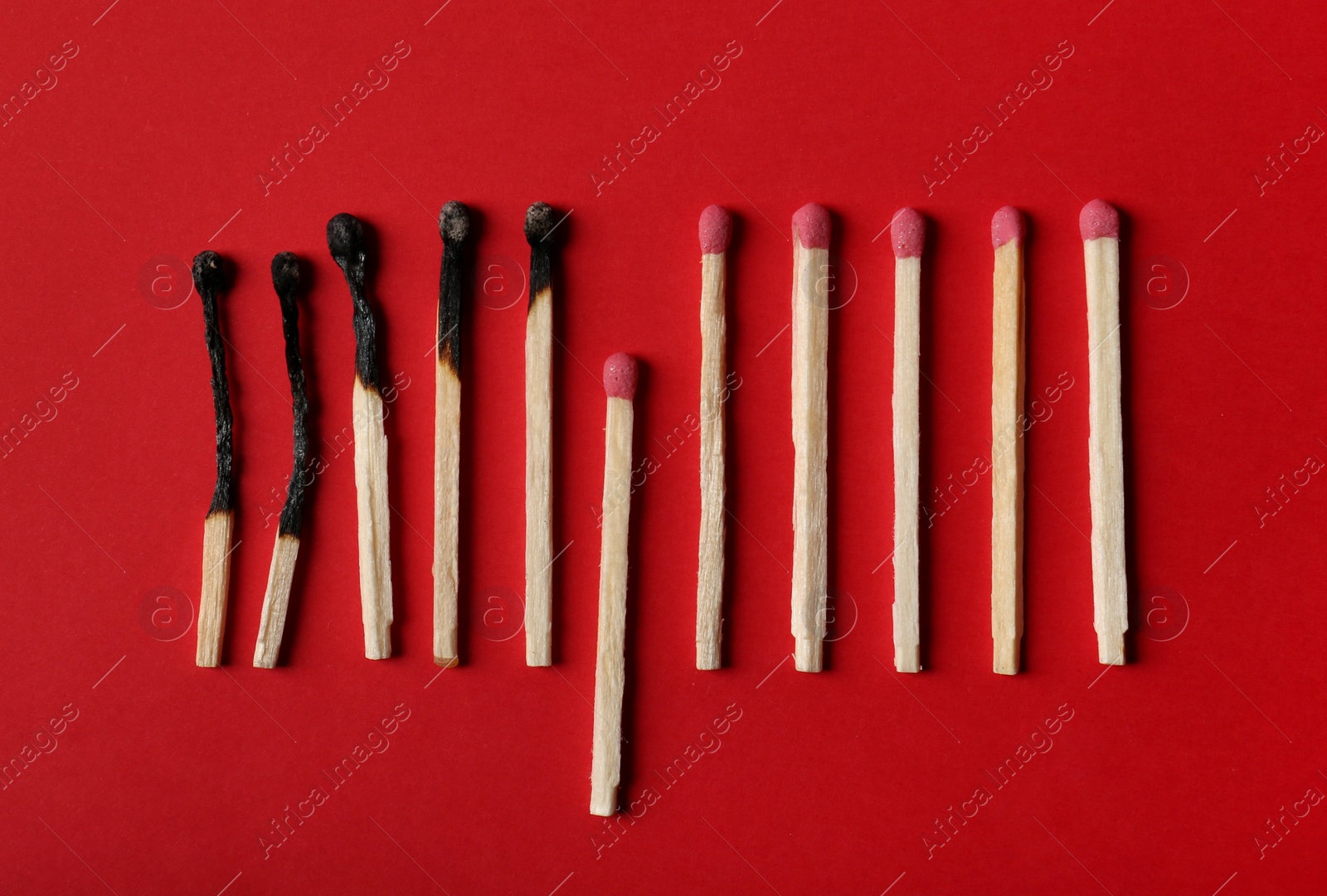 Photo of Burnt and whole matches on red background, flat lay. Stop destruction concept