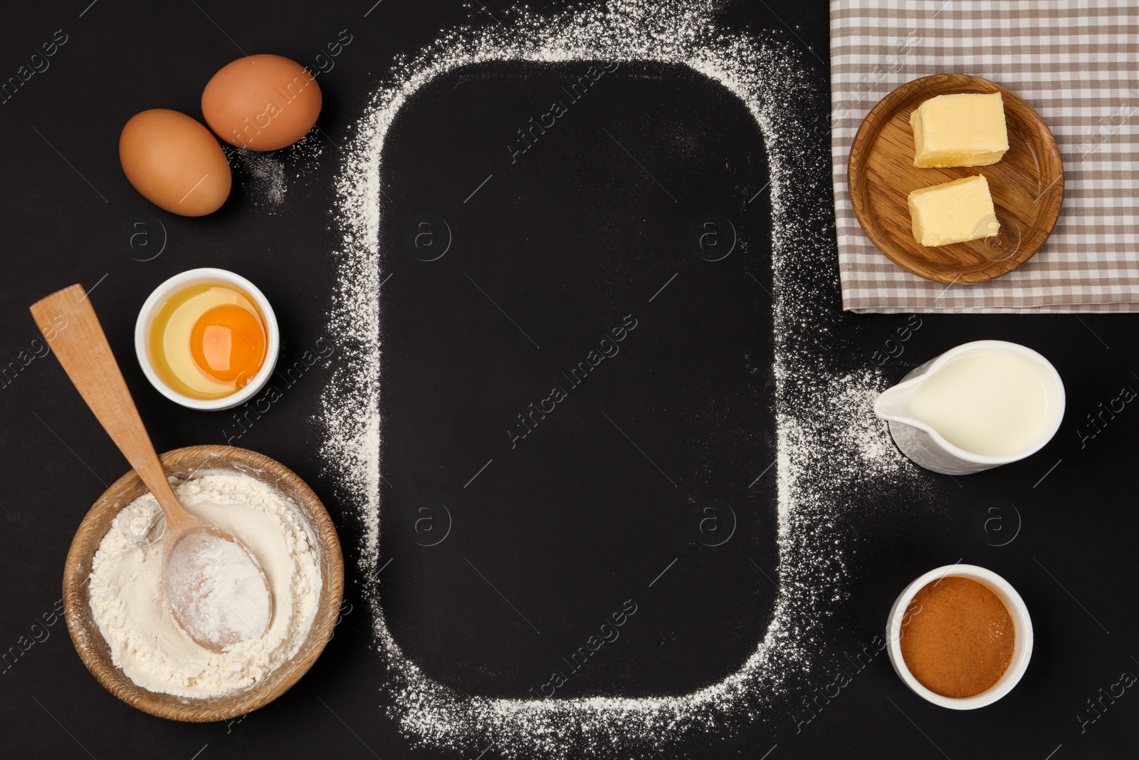 Photo of Flat lay composition with eggs and other ingredients on black table, space for text. Baking pie