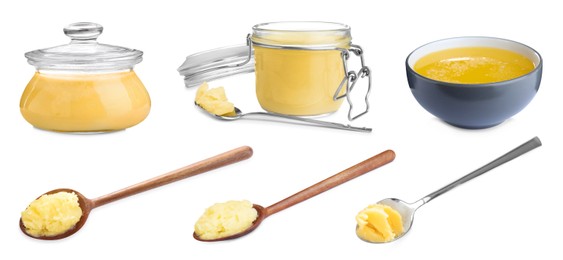 Image of Set with tasty ghee butter on white background. Banner design