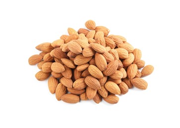 Photo of Pile of almond nuts on white background, above view. Healthy snack
