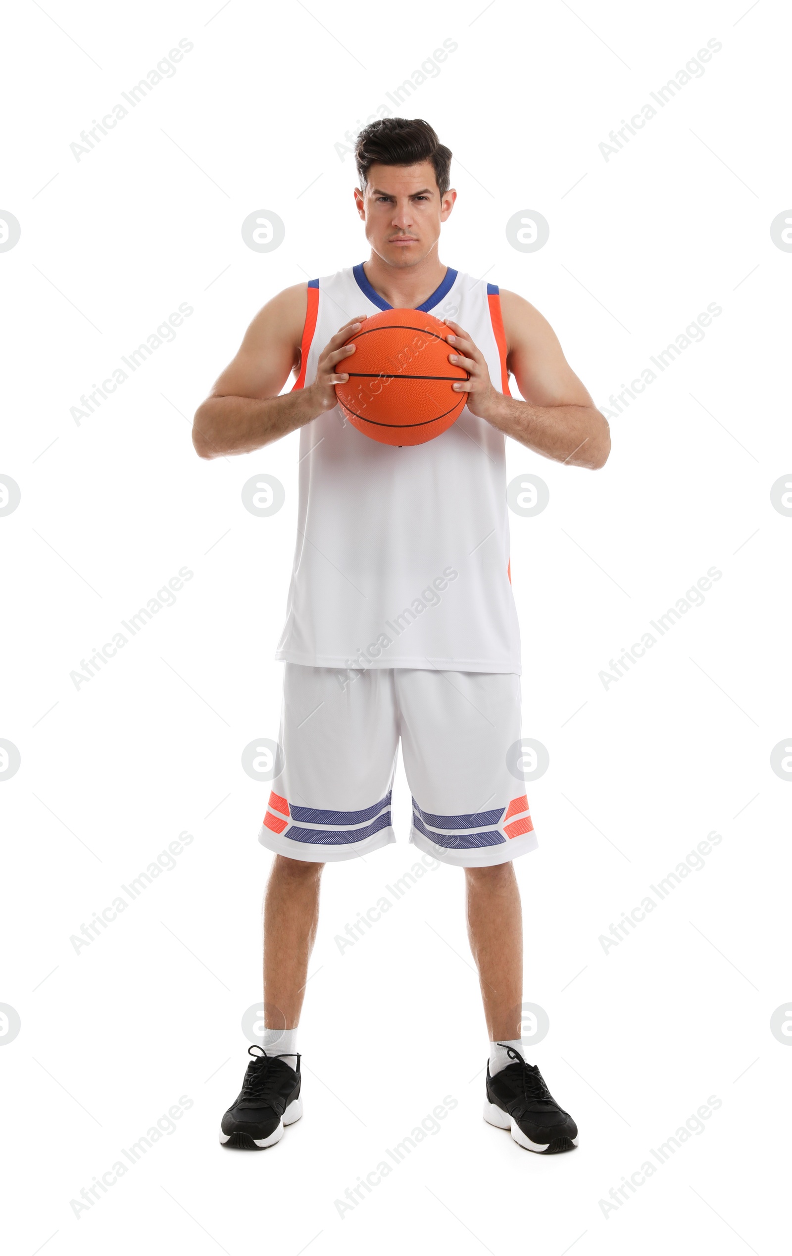 Photo of Basketball player with ball on white background