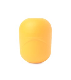 Photo of Slynchev Bryag, Bulgaria - May 23, 2023: One yellow plastic capsule from Kinder Surprise Egg isolated on white