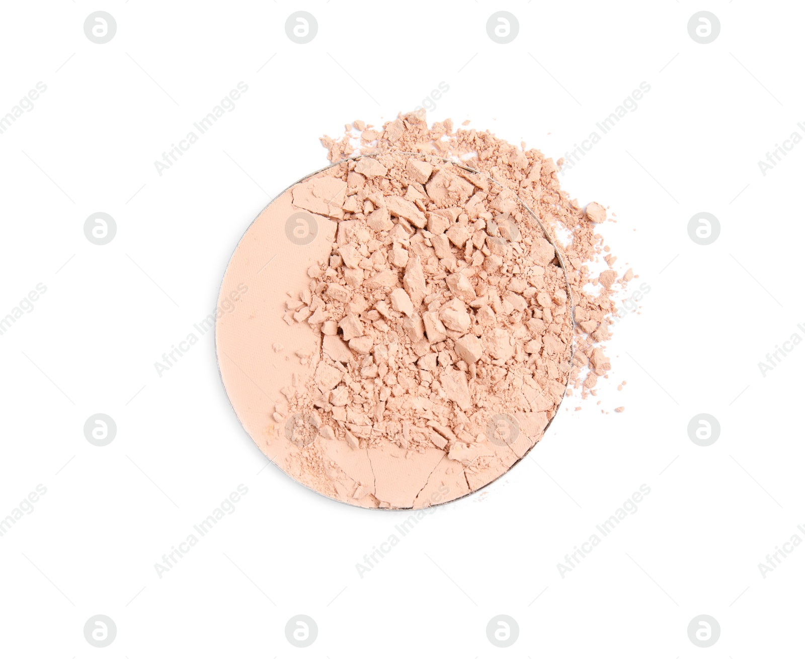 Photo of Broken face powder on white background, top view