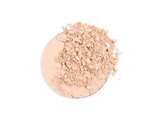 Photo of Broken face powder on white background, top view