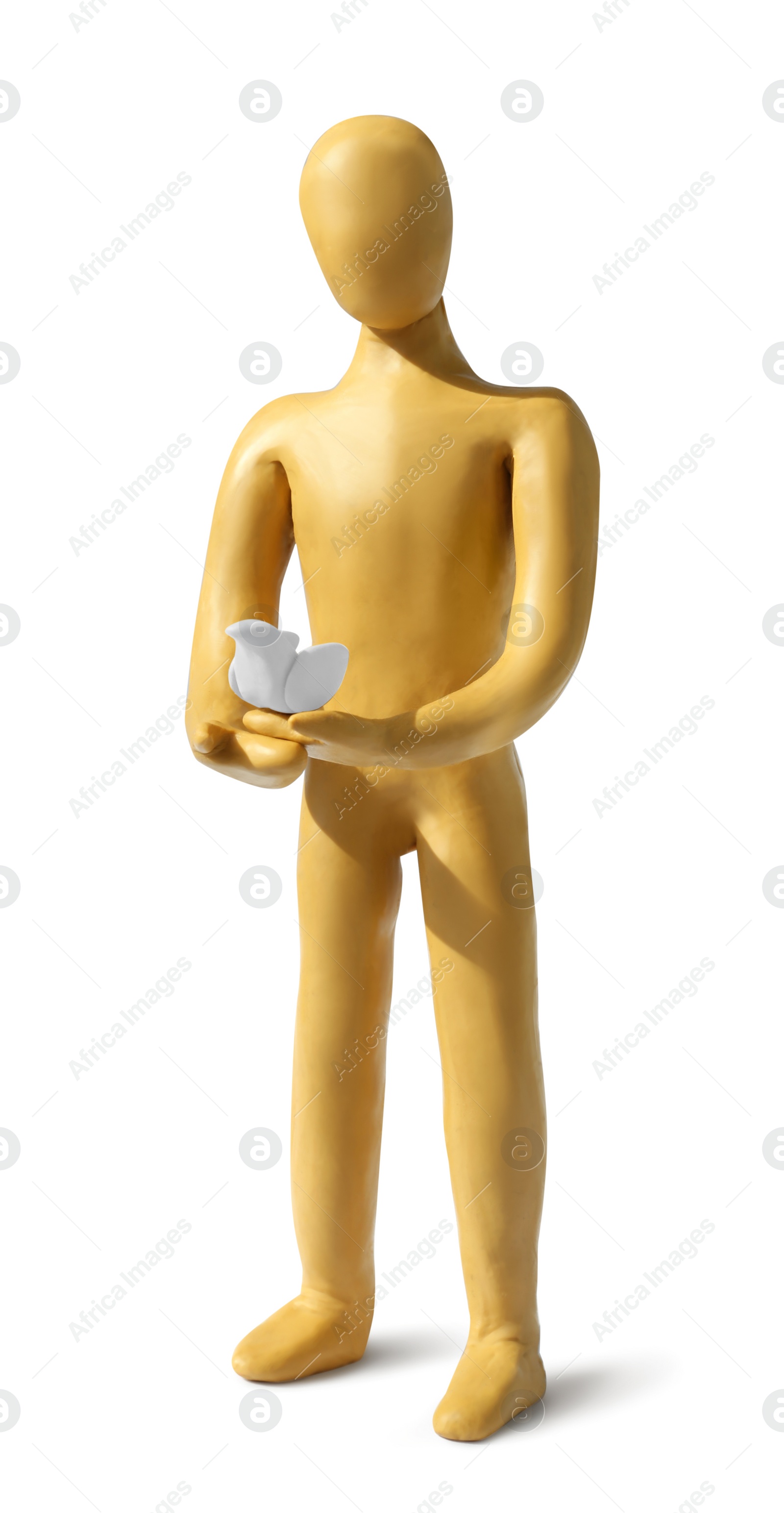 Photo of Human figure with small dove made of plasticine isolated on white