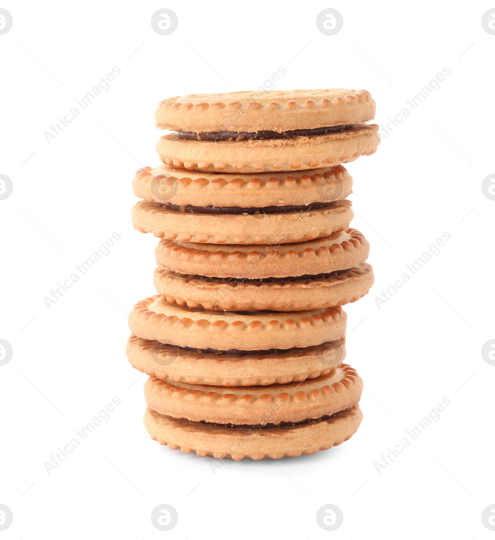 Photo of Stack of tasty sandwich cookies with cream isolated on white