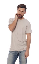 Photo of Embarrassed man in shirt on white background