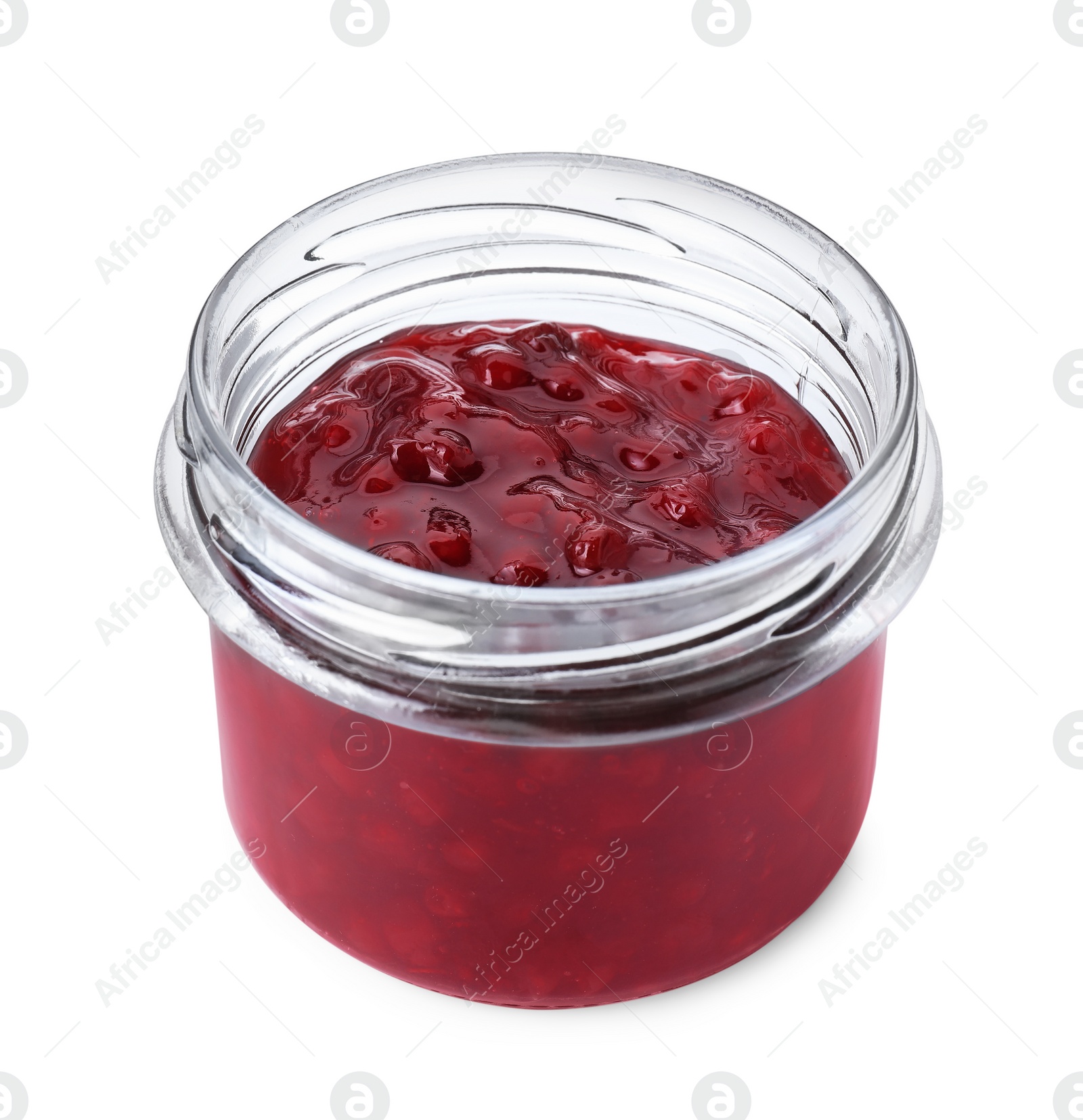 Photo of Fresh cranberry sauce in glass jar isolated on white