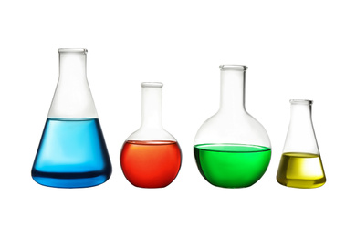 Different laboratory glassware with colorful liquids isolated on white