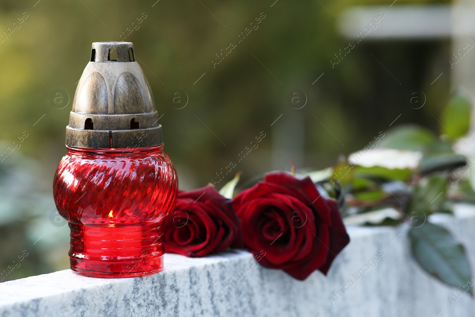 Photo of Red roses and grave lantern on tombstone outdoors, space for text. Funeral ceremony