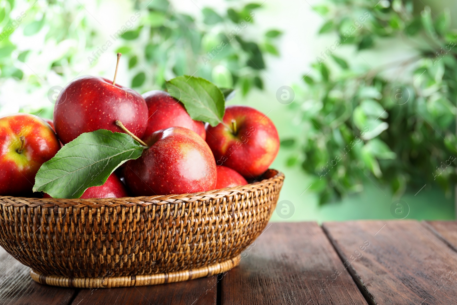 Photo of Ripe red apples in wicker bowl on wooden table against blurred background. Space for text