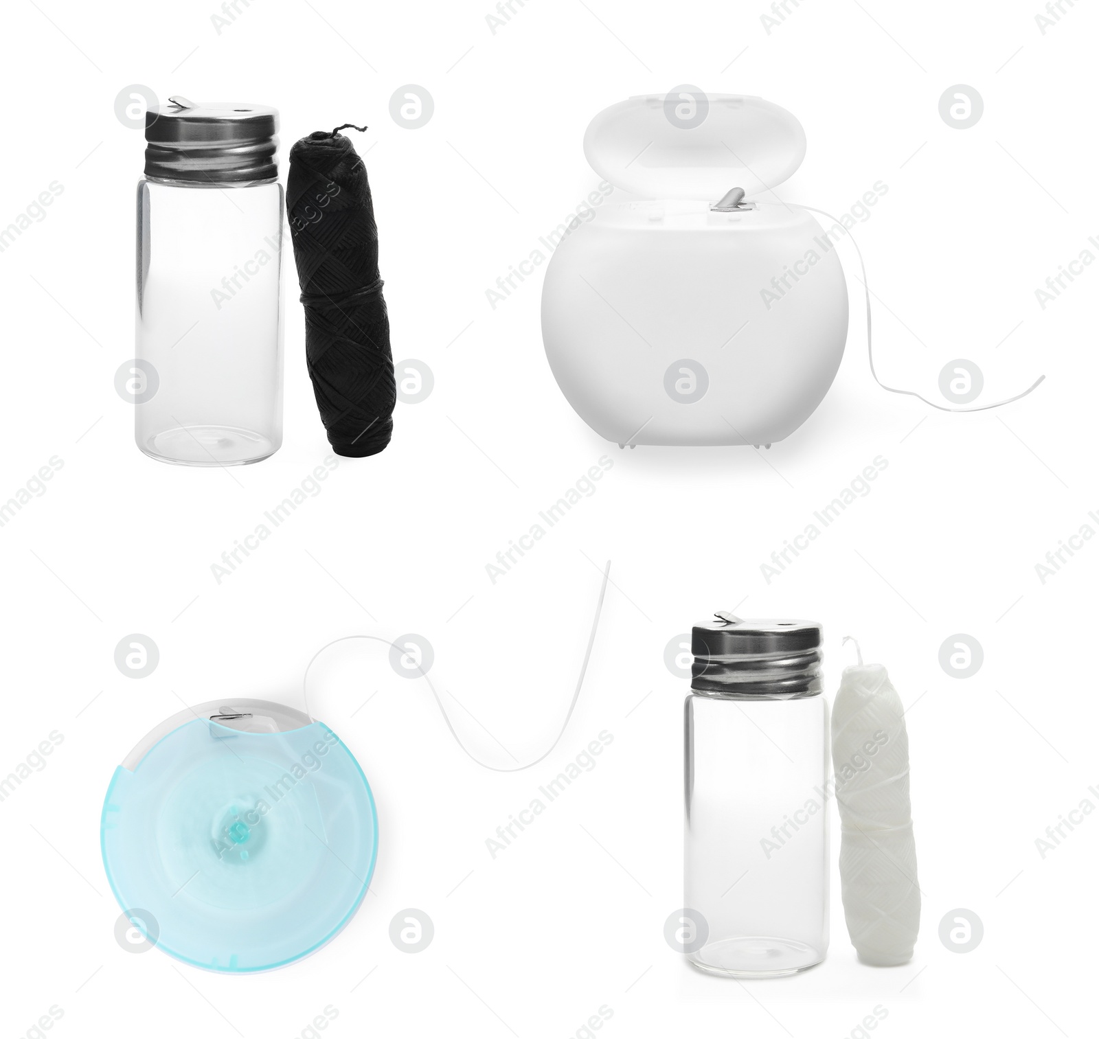 Image of Set of different dental flosses on white background
