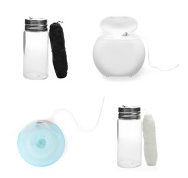 Set of different dental flosses on white background