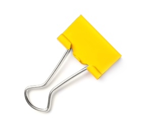 Photo of Colorful binder clip on white background. School stationery