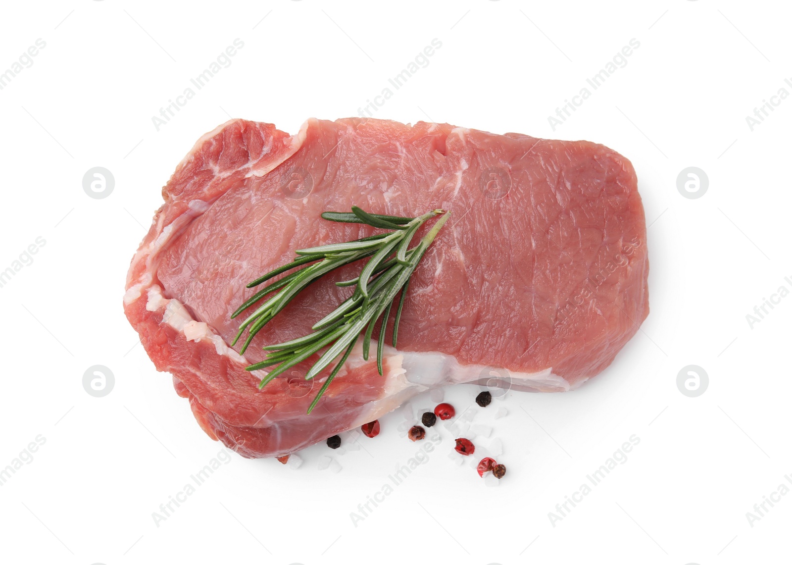 Photo of Fresh raw meat with rosemary and spices isolated on white, top view