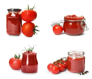 Image of Set of tomato sauces in glass jars on white background