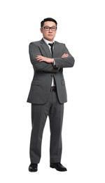 Businessman in suit wearing glasses on white background