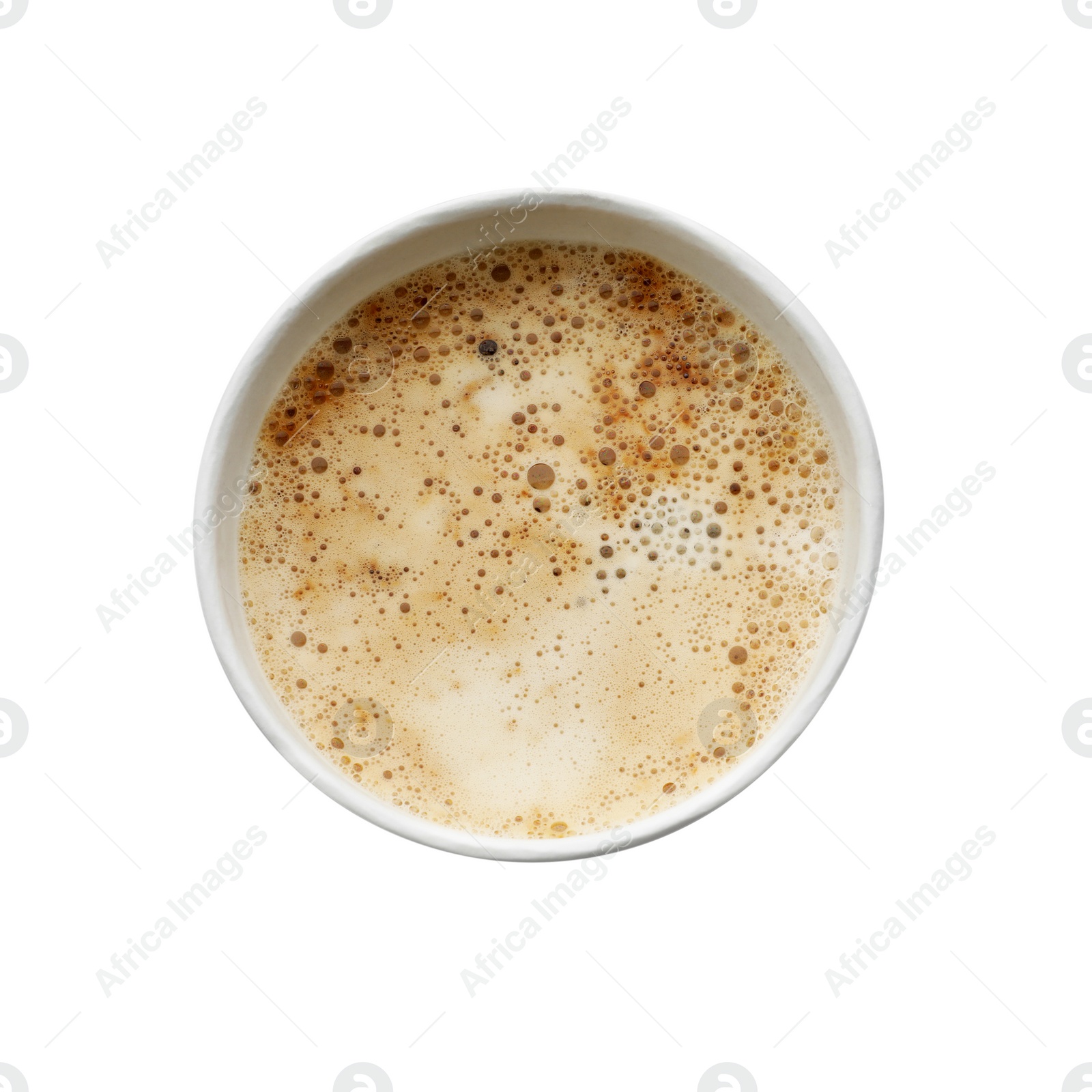 Photo of Aromatic coffee in takeaway paper cup isolated on white, top view