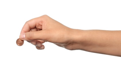 Photo of Young woman holding coin on white background, closeup view