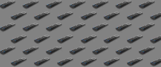 Remote controller pattern on grey background. Collage design