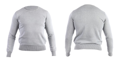 Image of Stylish warm grey sweater isolated on white, back and front 