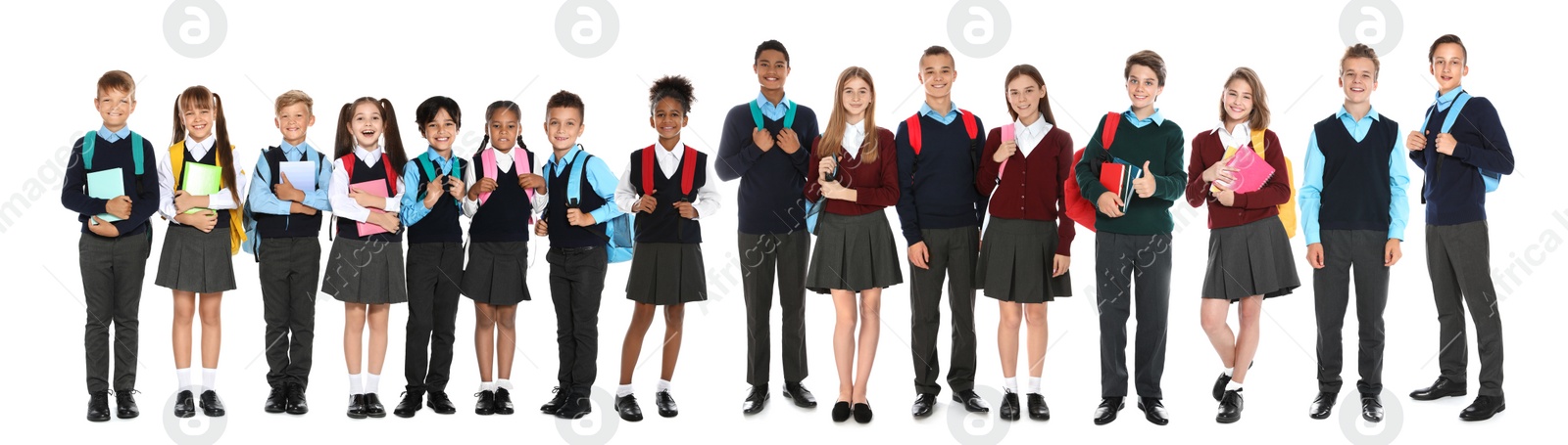 Image of Children in school uniforms on white background. Banner design