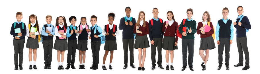 Image of Children in school uniforms on white background. Banner design